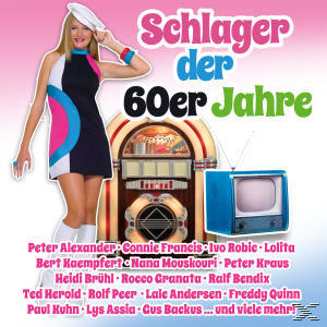CD-Cover mit einer Frau in einem Kleid und einer Jukebox sowie einem Fernseher. Der Titel lautet 'Schlager der 60er Jahre'.