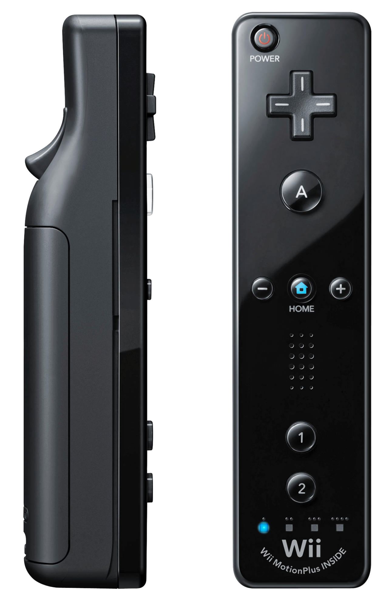 Eine schwarze Wii-Fernbedienung mit Knöpfen auf der Vorder- und Seite.