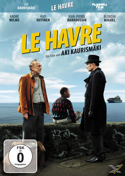 Filmplakat für 'Le Havre': Drei Personen stehen und sitzen, mit einem Schiff im Hintergrund.
