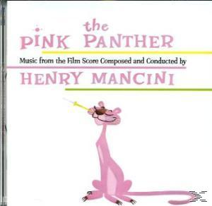 Albumcover, rosa Panther-Cartoonfigur, Text: 'The Pink Panther' Musikpartitur von Henry Mancini.