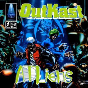 Comic-Cover mit OutKast, zwei Figuren im futuristischen Stil und eine Gruppe von Figuren im Hintergrund.
