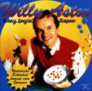 Albumcover: ein Mann in roter Weste mit einem Teller voller Süßigkeiten. Der Titel lautet 'Willy Astor', und das Album ist 'Scherz Spezial'.