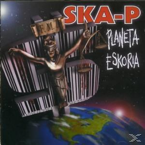 Ska-P Albumcover mit Justizstatue, Planet und Barcode-Hintergrund mit Albumtitel.