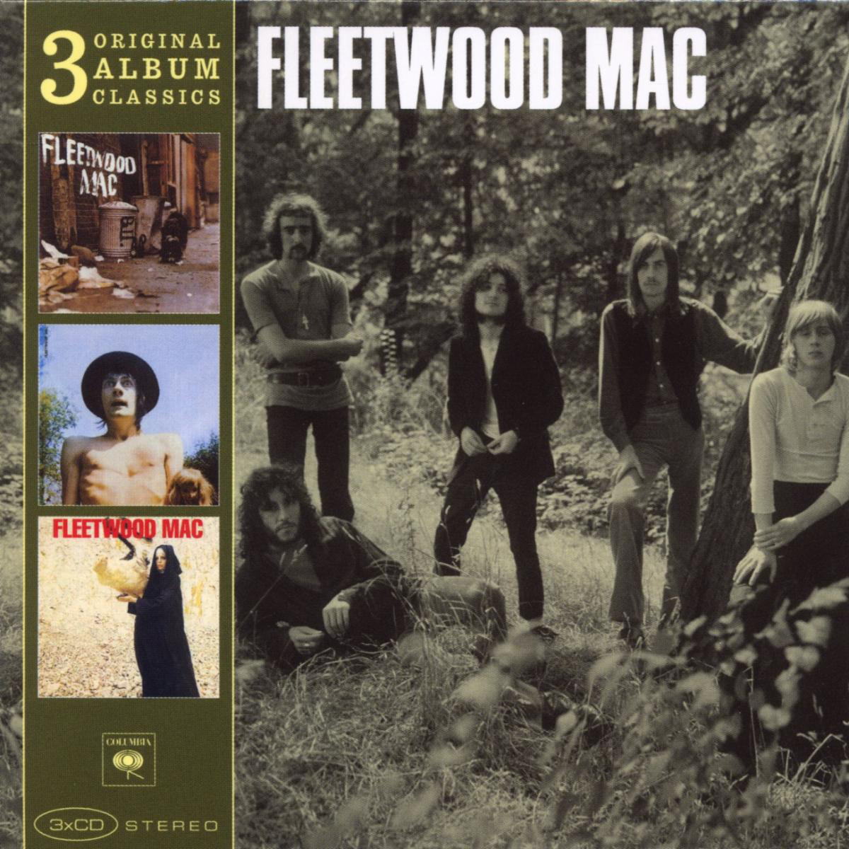 Fleetwood Mac Albumcover mit Bandmitgliedern in einem Wald. Enthält 3 Albumcover links.