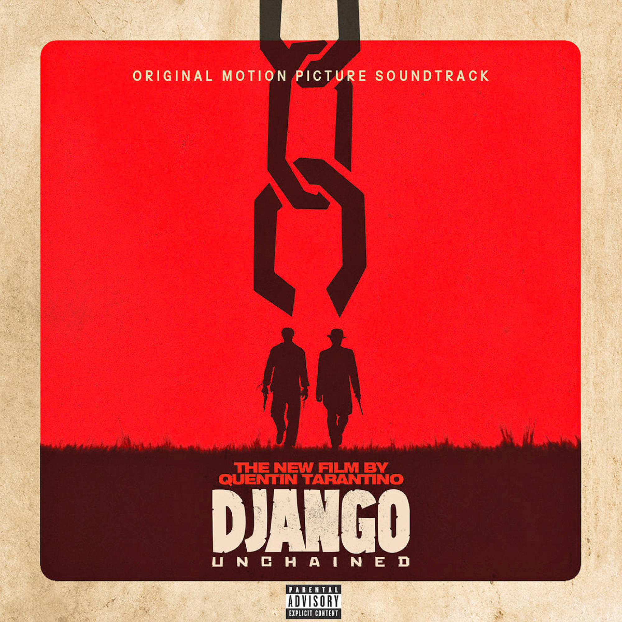 Filmmusik-Cover mit einer Kette, Silhouetten von Männern und dem Titel 'Django Unchained'.