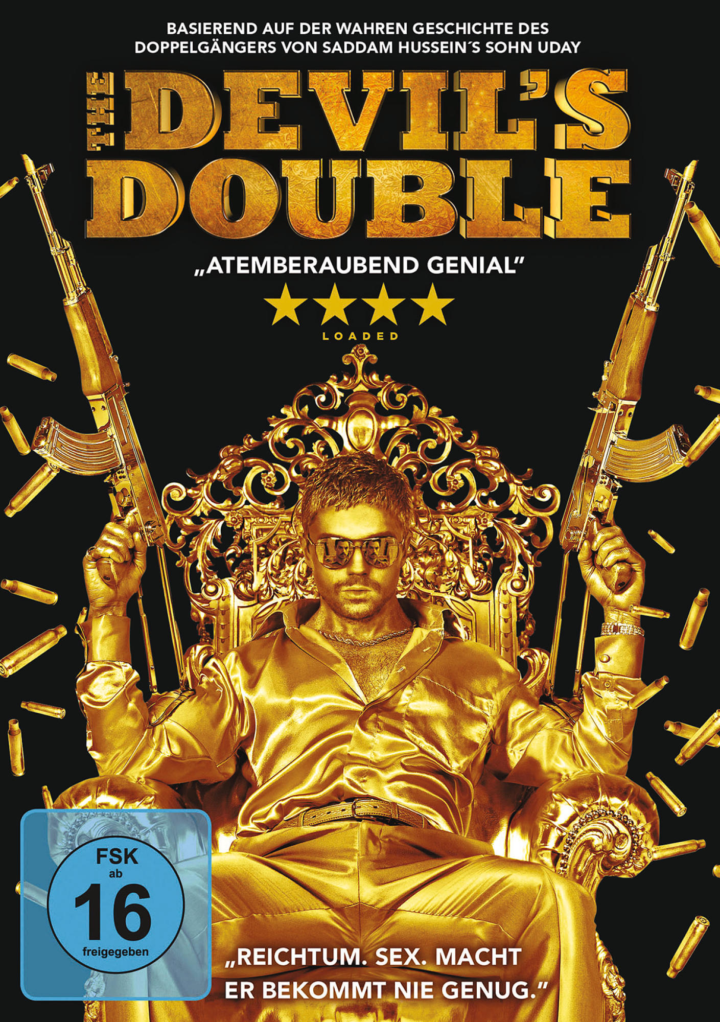 Filmposter mit einem Mann in Gold, der Waffen hält. Der Titel 'The Devil's Double' wird gezeigt.