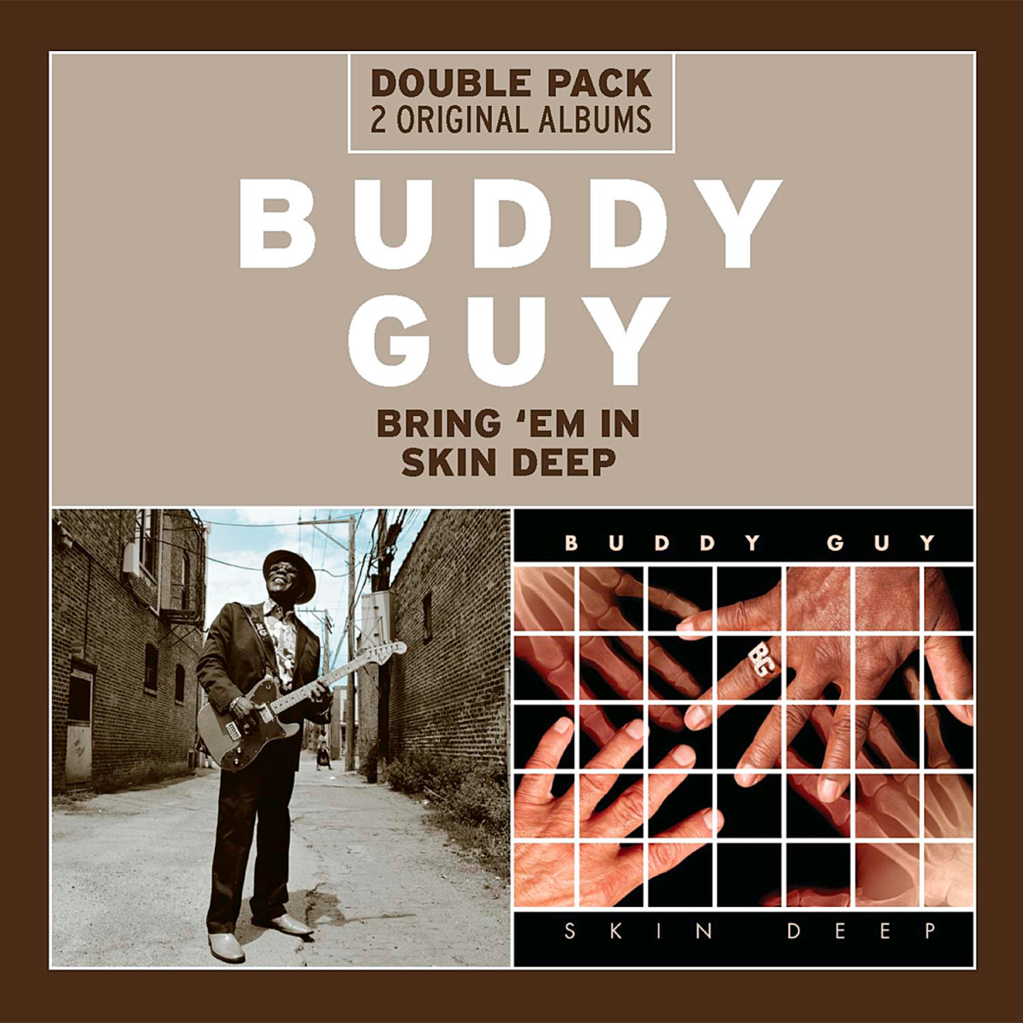 Okładka albumu z Buddy Guyem, gitarą, sceną uliczną i zdjęciami rentgenowskimi dłoni. Tekst mówi 'Buddy Guy' i 'Skin Deep'.