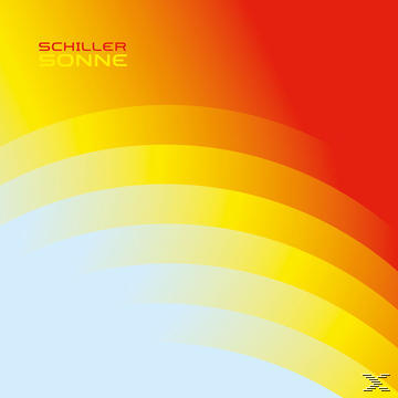 Albumcover mit gelbem und orangefarbenem abstraktem Design, Schiller Sonne in roten Buchstaben.