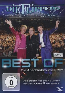 DVD-Cover des Konzerts 'Die Flippers'. Drei Männer auf der Bühne, eine große Menschenmenge im Hintergrund.