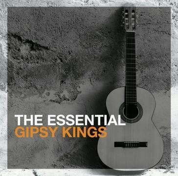 Albumcover, 'The Essential Gipsy Kings'. Eine Gitarre lehnt an einer strukturierten Wand, oranger Text.