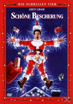 Filmplakat eines Mannes in einem Weihnachtsmann-Anzug, umgeben von Weihnachtsbeleuchtung und Geschenken; Titel: Schöne Bescherung.