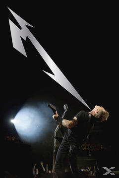 Metallica-Konzertfoto mit einem Bandmitglied, das Gitarre spielt, unter einem Logo.