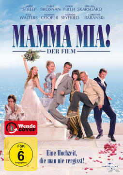 Filmcover von Mamma Mia! Mehrere Leute stehen und lächeln. Text auf Deutsch.