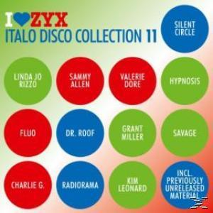 Albumcover. Verschiedene kreisförmige Bilder mit Text. Der Albumtitel lautet 'Italo Disco Collection 11'.