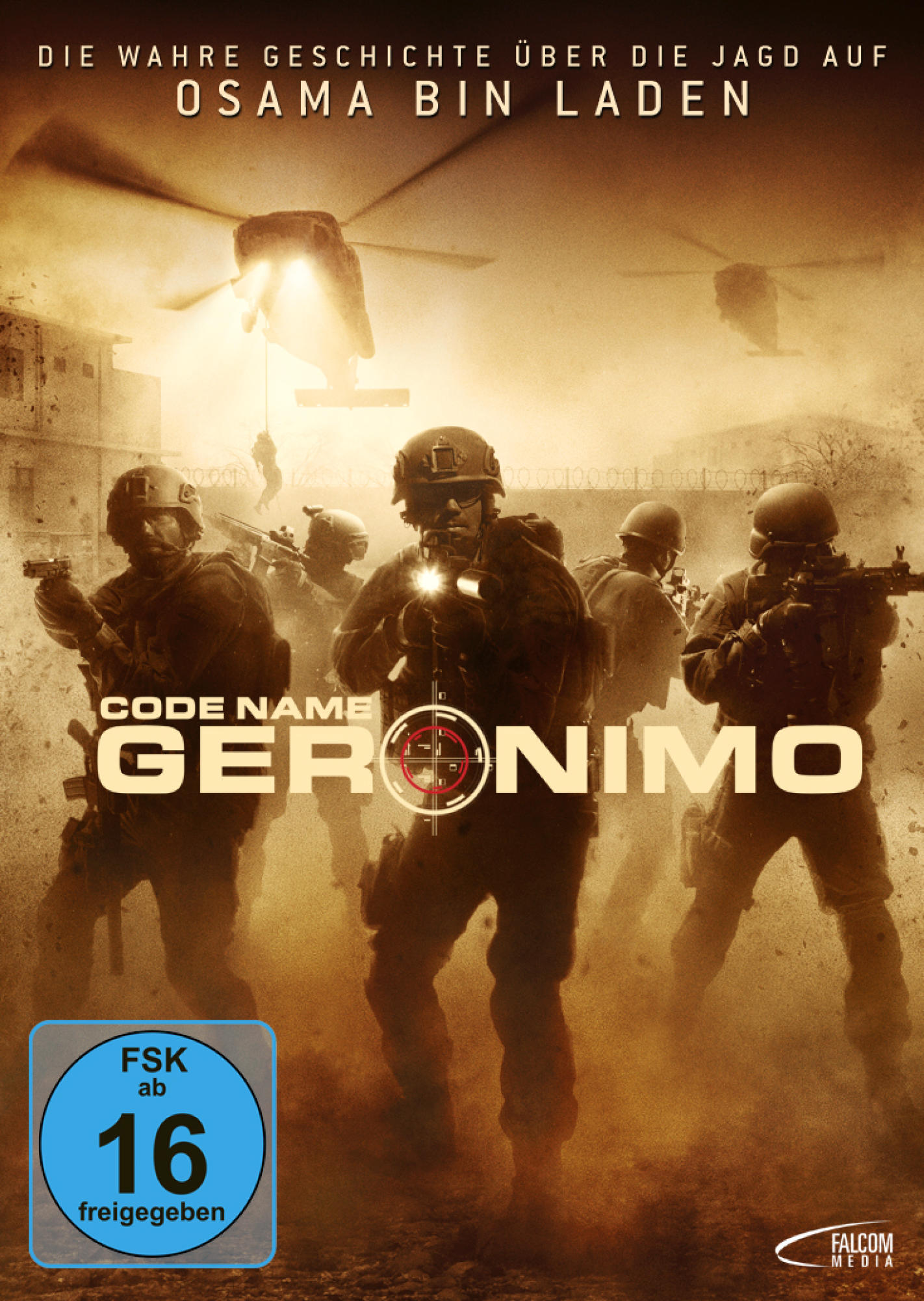Filmplakat: Soldaten in Aktion. Text: Code Name Geronimo. FSK 16-Aufkleber. Hubschrauber.