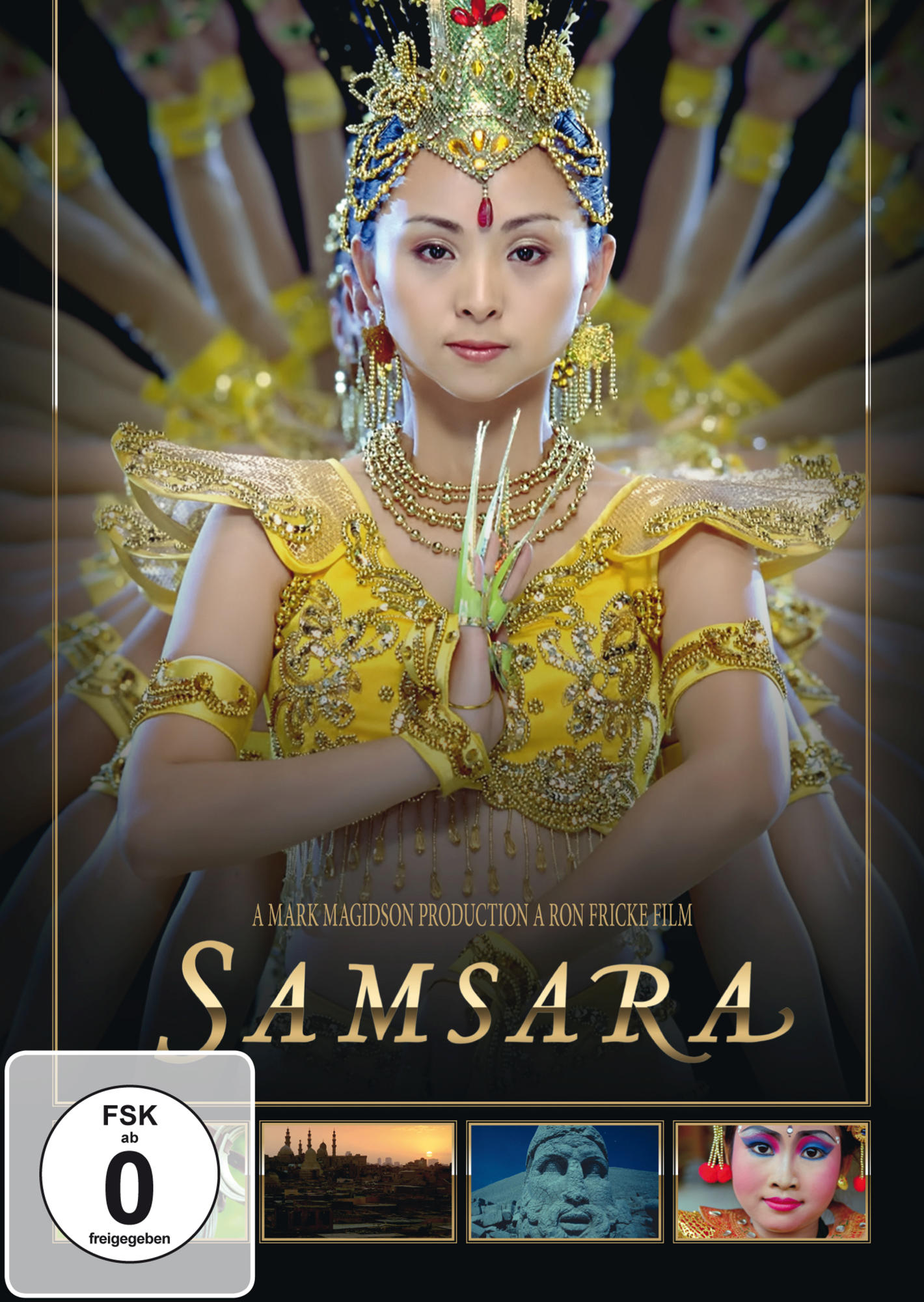 DVD-Cover des Films Samsara mit einer Frau in Gelb, umgeben von Händen. Enthält kleine Bilder.