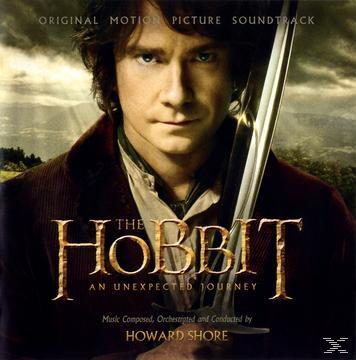 Das Cover des Filmsoundtracks von The Hobbit. Ein Mann mit Schwert ist abgebildet, zusammen mit dem Filmtitel.
