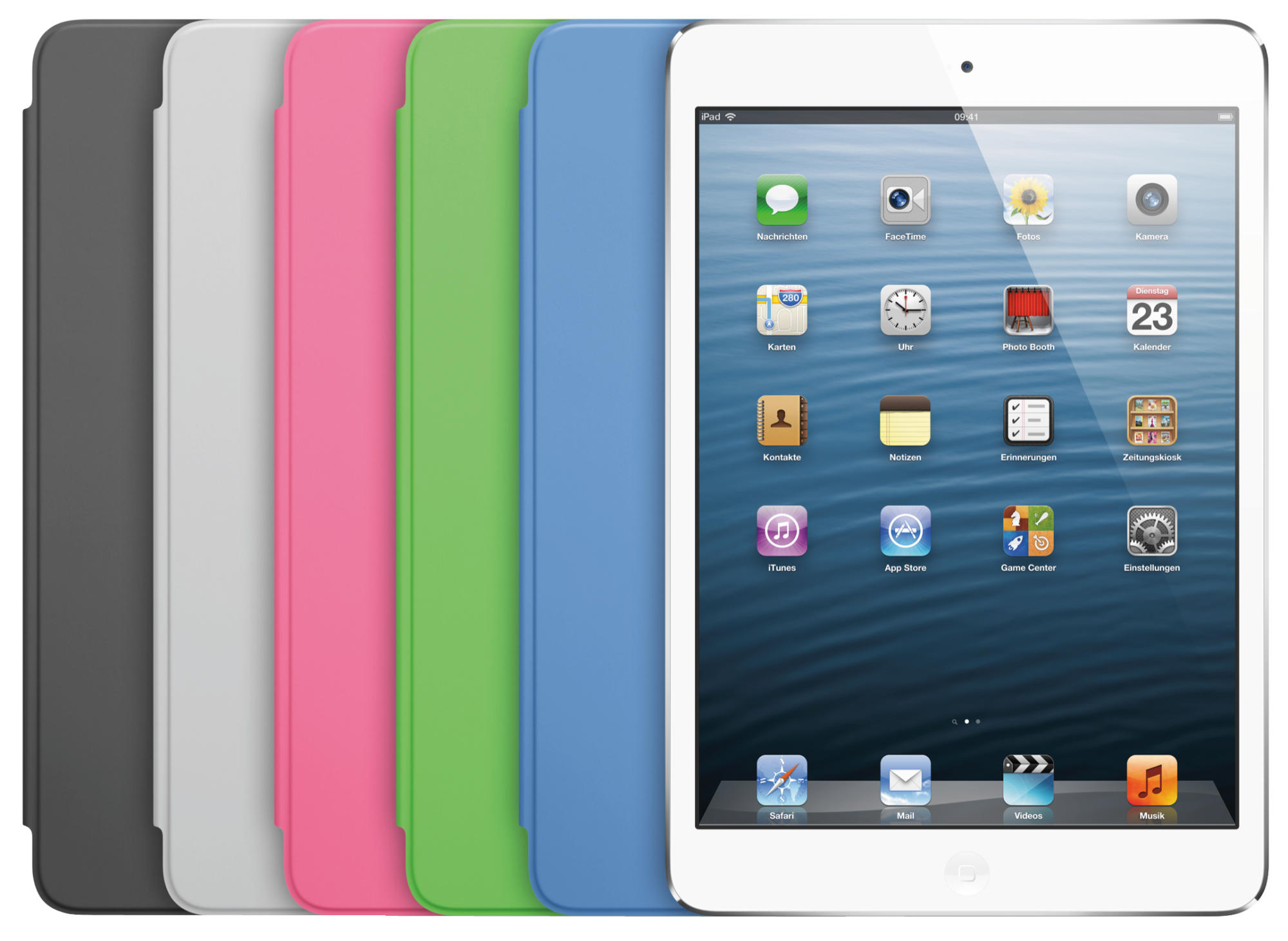 Weißes iPad mit einer Reihe farbiger Hüllen: grau, weiß, rosa, grün und blau.