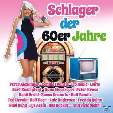 Albumcover mit einer Frau, einer Jukebox und einem blauen Fernseher. Text: Schlager der 60er Jahre. Künstlerliste unter dem Titel.