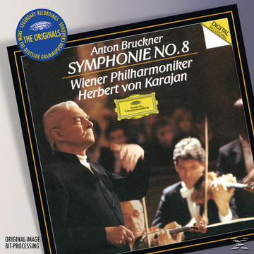 Albumcover mit Anton Bruckners Porträt, einem Dirigenten und Orchestermitgliedern.