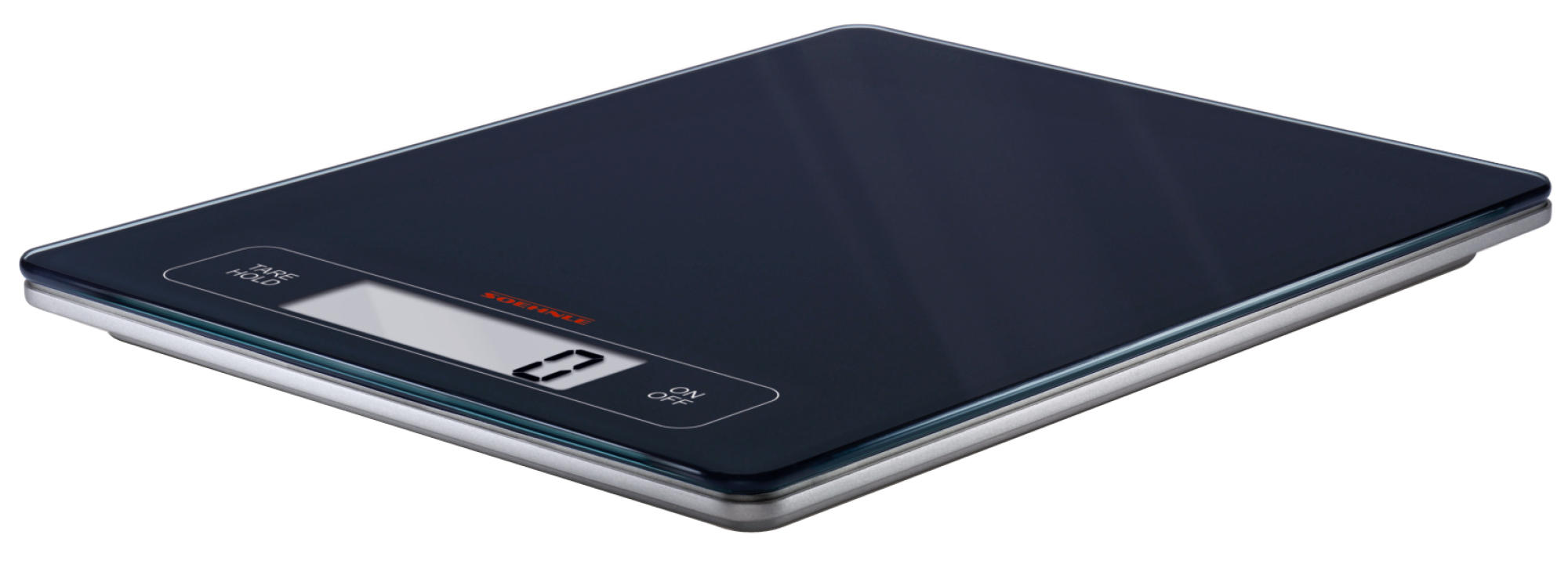 Digitale Küchenwaage mit dunkelblauer Oberfläche. Anzeige zeigt '0'. Die Knöpfe sind beschriftet.