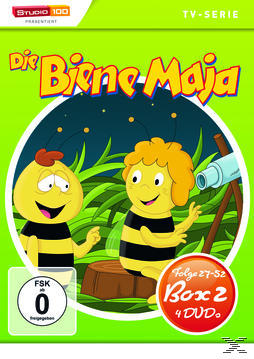 DVD-Cover. Zwei Zeichentrickbienen, grünes Gras und ein blauer Hintergrund. Text: Die Biene Maja.