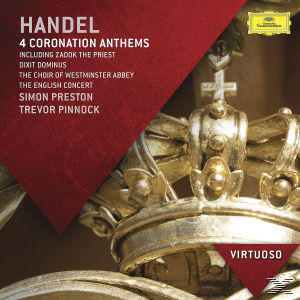 Albumcover. Goldene Krone, roter Hintergrund, weißer Text: Händel, 4 Krönungshymnen.