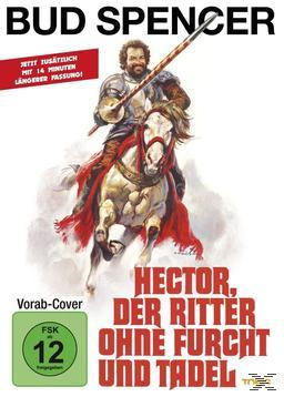Filmcover. Bud Spencer reitet auf einem Pferd. Titel: Hector, der Ritter ohne Furcht und Tadel.