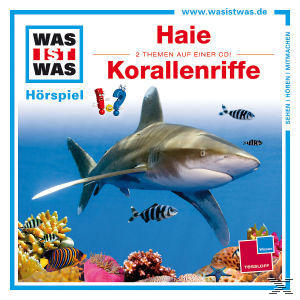 CD-Cover mit Hai, Korallen und Fischen. Text über Haie und Korallenriffe.
