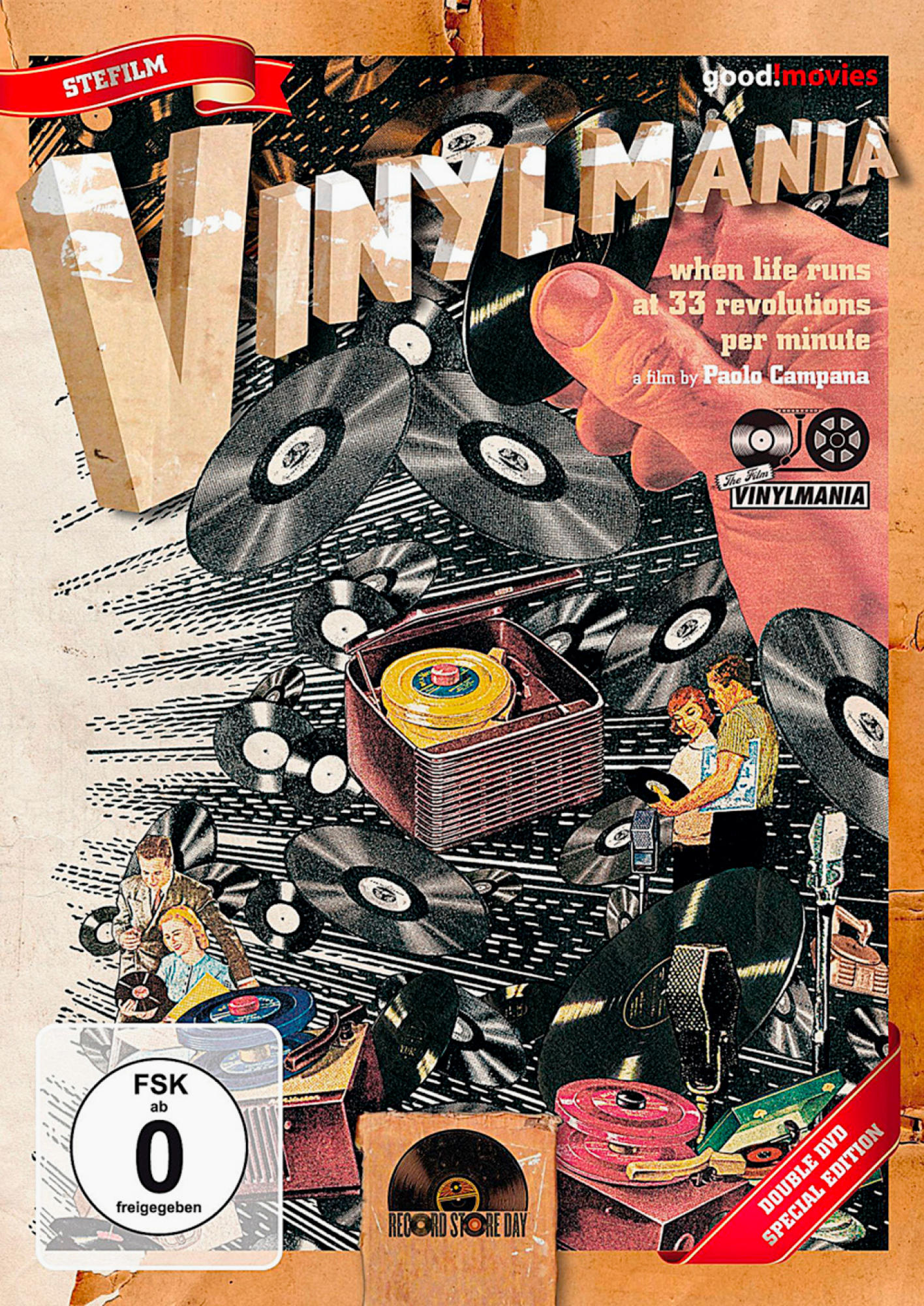 DVD-Cover mit Schallplatten. Eine Hand hält eine Schallplatte. Viele Platten im Hintergrund.