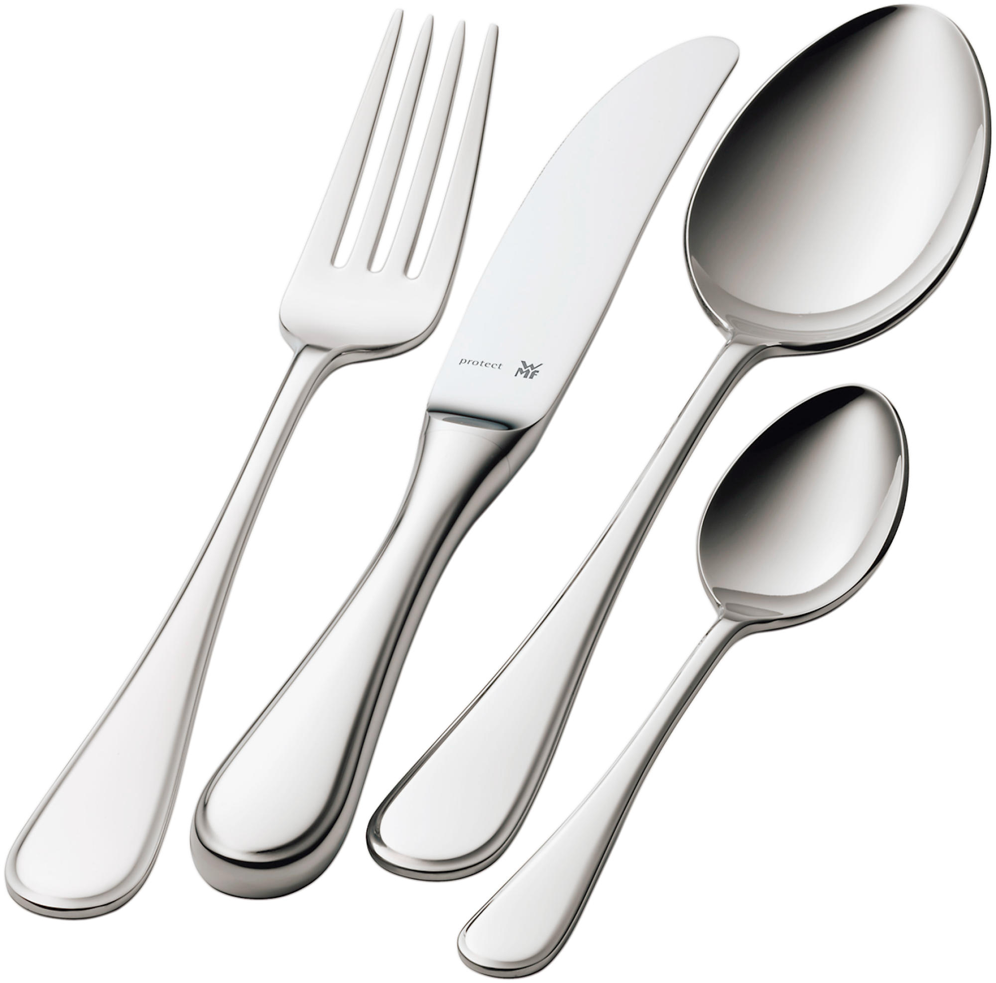 Silbernes Besteck-Set, einschließlich Gabel, Messer und zwei Löffel.
