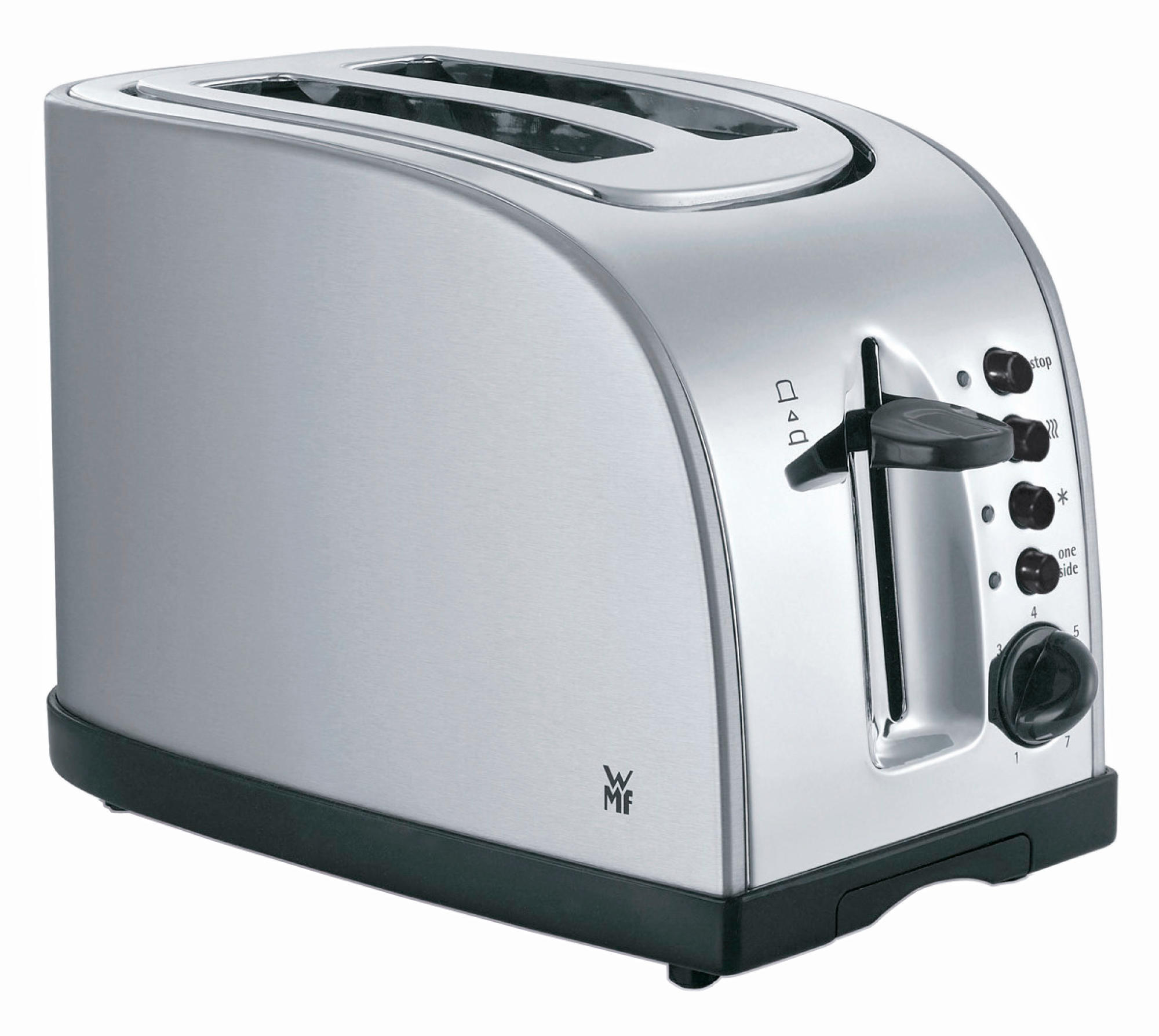 Tostapane WMF argento con due fessure. Base nera e pulsanti di controllo sono visibili a destra.