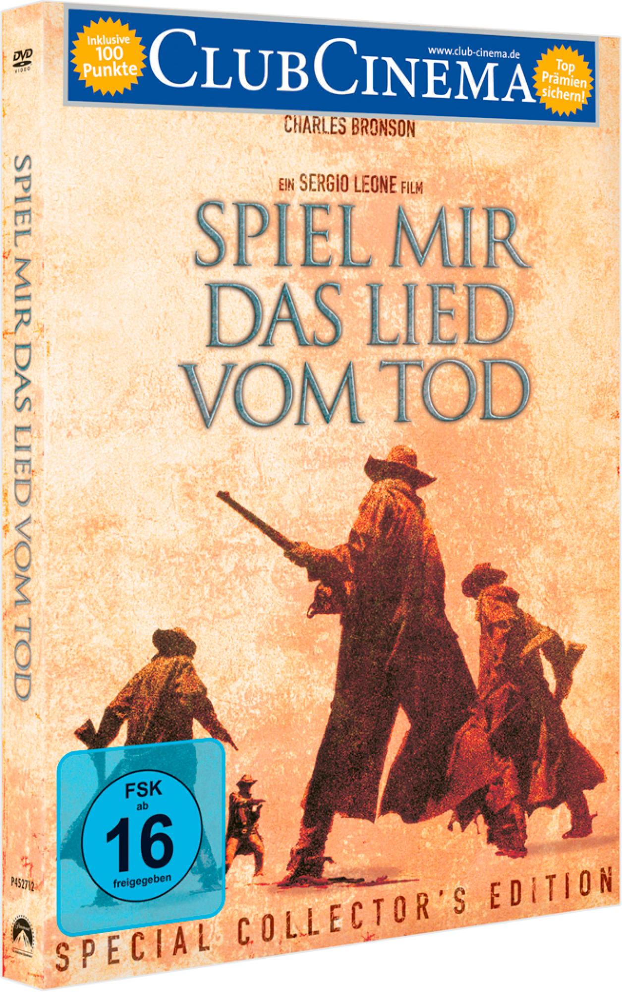 DVD-Cover: 'Spiel mir das Lied vom Tod' mit einem Mann, der ein Gewehr hält, und anderen Figuren in der Wüste.