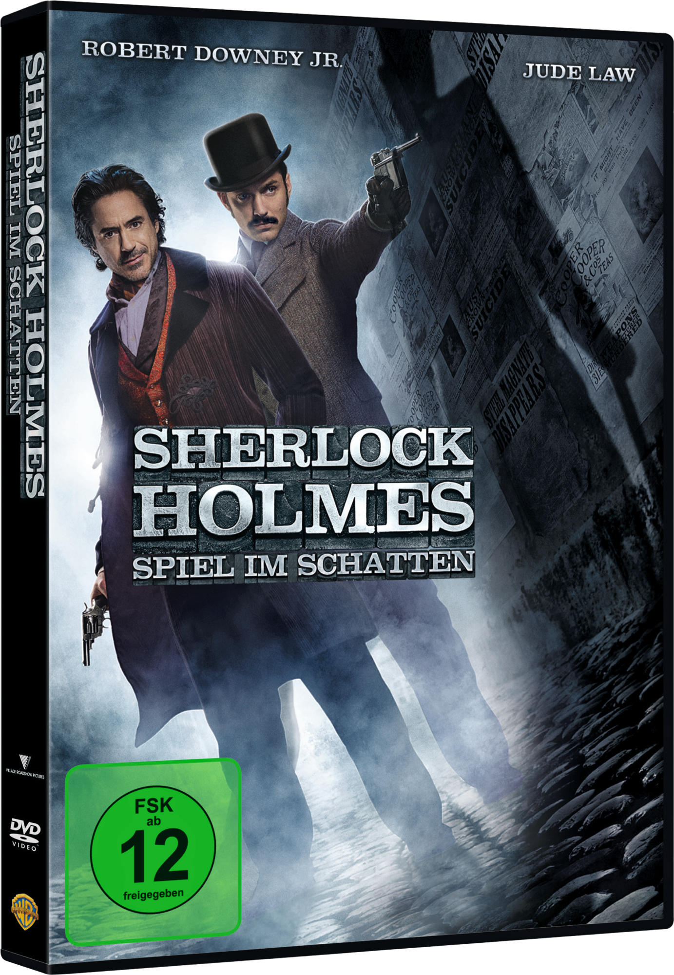 DVD-Hülle des Films Sherlock Holmes. Mit Robert Downey Jr. und Jude Law mit Waffen, Titel in großer Schrift.