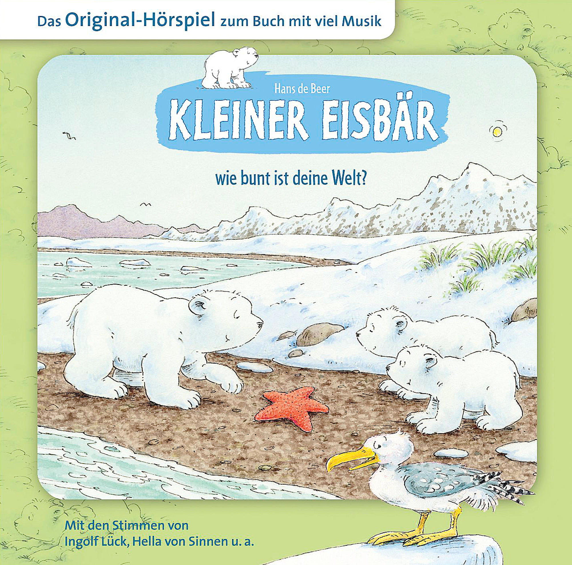 Buchcover: 'Kleiner Eisbär', Eisbären, Möwe und roter Seestern auf schneebedecktem Boden. Text auf Deutsch.