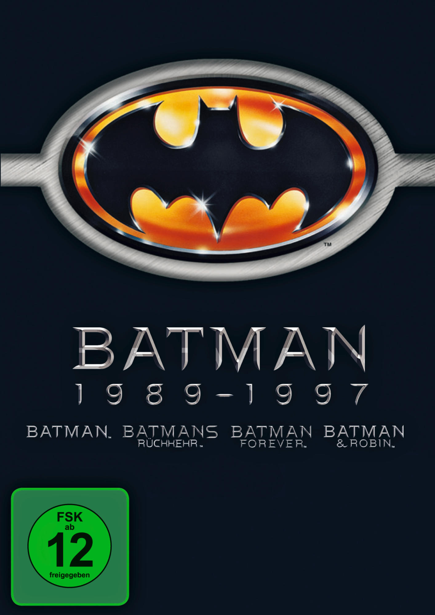 Batman 1989-1997 Film-Collection Cover mit silbernem Fledermaus-Logo und USK-12-Symbol.