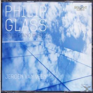 Albumcover mit blauem Himmel und weißen Wolken, betitelt 'PHILIP GLASS SOLO PIANO MUSIC' und 'JEROEN VAN VEEN'.
