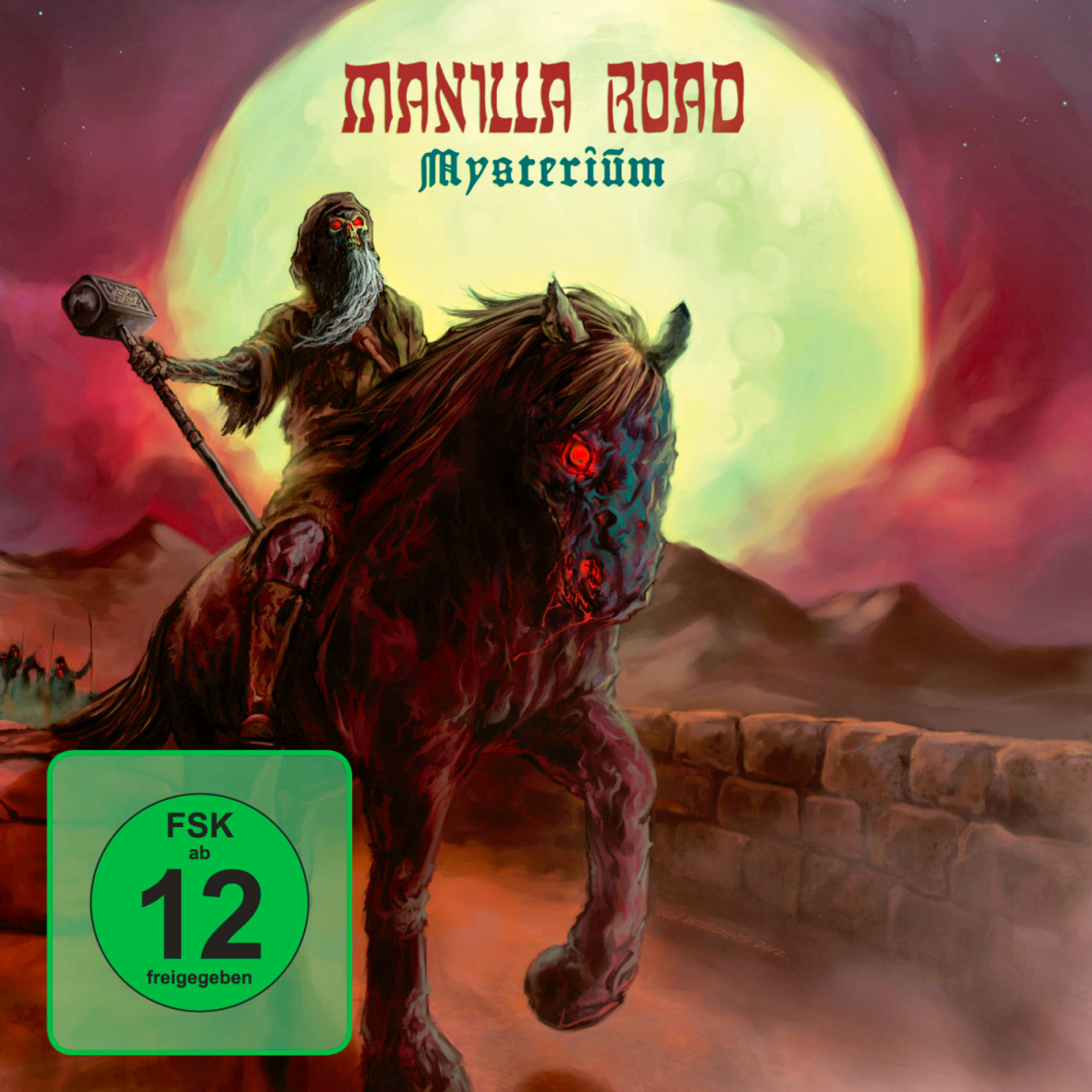 Manilla Road Albumcover, ein Skelett auf einem Pferd, Mond im Hintergrund.