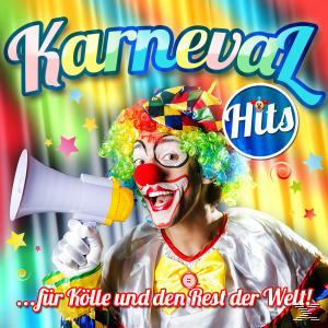 Albumcover mit einem Clown mit Megafon, mit Text und buntem Hintergrund.