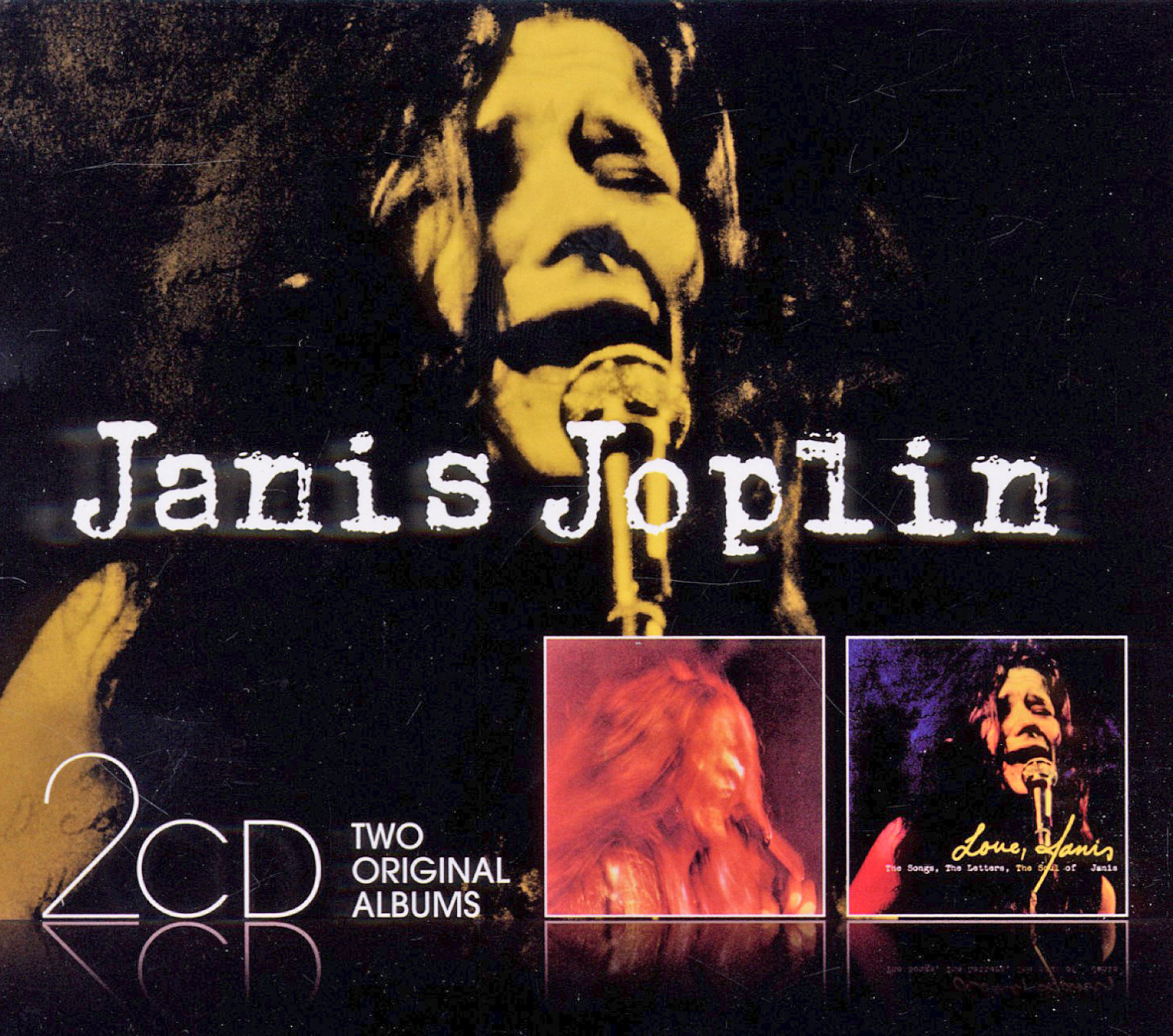 Albumcover mit Janis Joplin vor einem Mikrofon. Titel: Janis Joplin. Zwei Original-Alben.