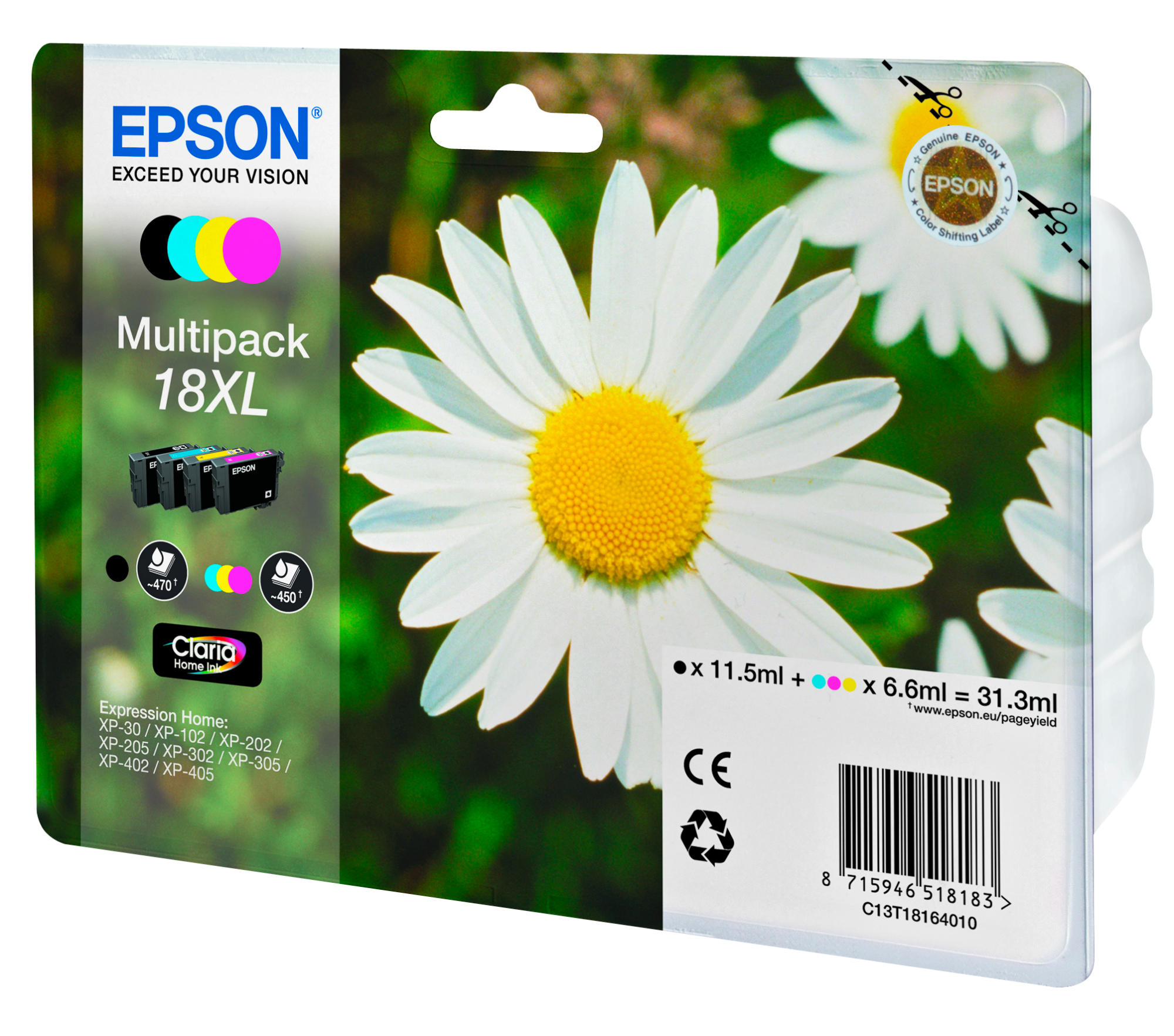 Epson Tintenpatronen-Multipack. Weiße Verpackung mit Gänseblümchen-Bild. Enthält schwarze, cyan, magenta, gelbe Patronen.