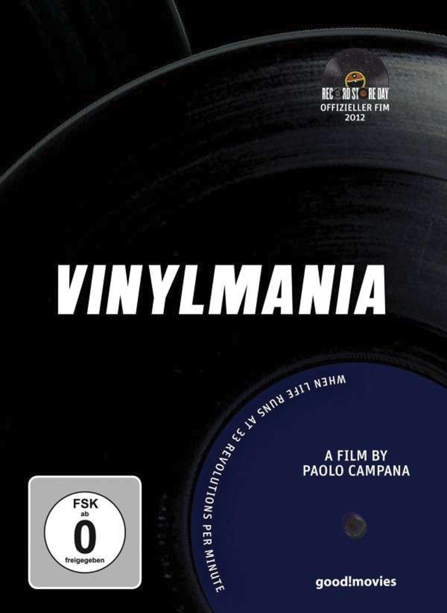 Vinylmania DVD-Cover mit schwarzer Schallplatte, weißem Text und dunkelblauem Hintergrund.