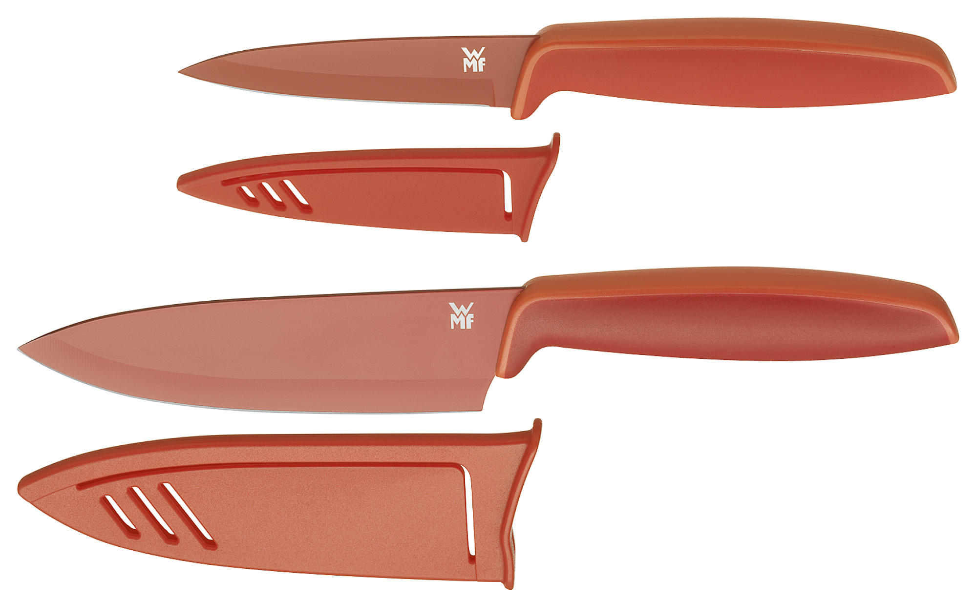 Set roter Messer mit passenden Messerscheiden, ein großes und zwei kleinere Messer.