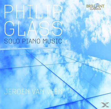 Albumcover, hellblauer Himmel, weiße Wolken und Text: Philip Glass Solo Piano Music.
