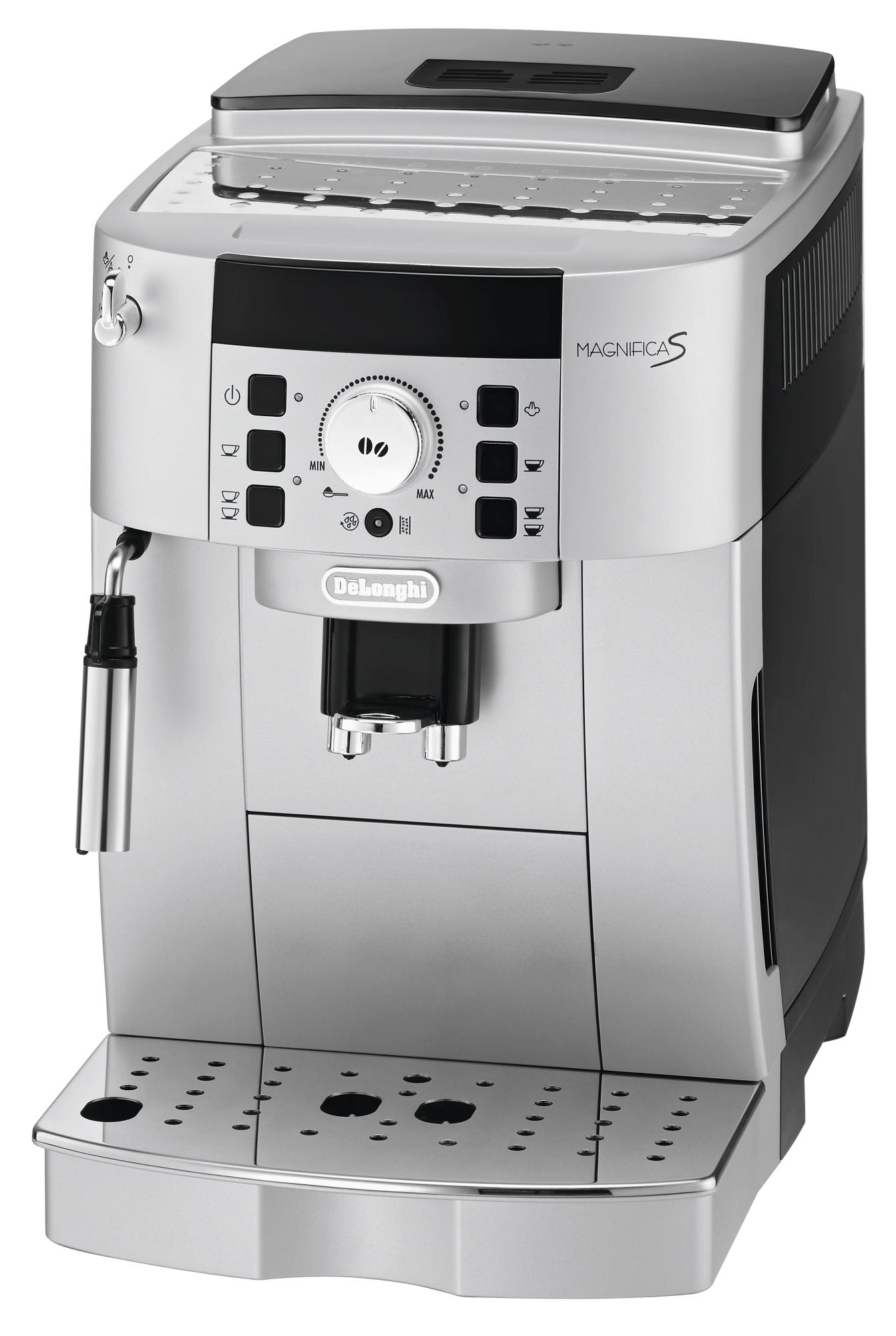 Eine silberne und schwarze DeLonghi Kaffeemaschine mit Knöpfen und Ausguss.