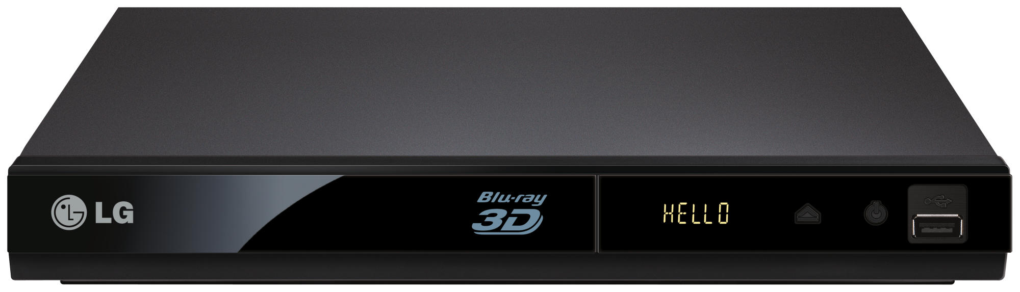 Reproductor Blu-ray LG negro con pantalla 'HELLO'. Tiene puerto USB y logo Blu-ray 3D.