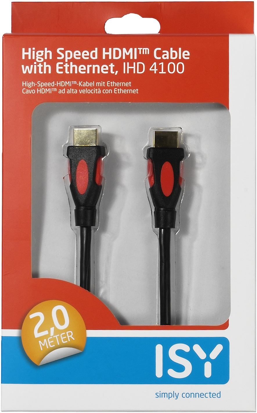 HDMI-Kabel in einer rot-weißen Box. Kabel sind schwarz mit roten Steckern.
