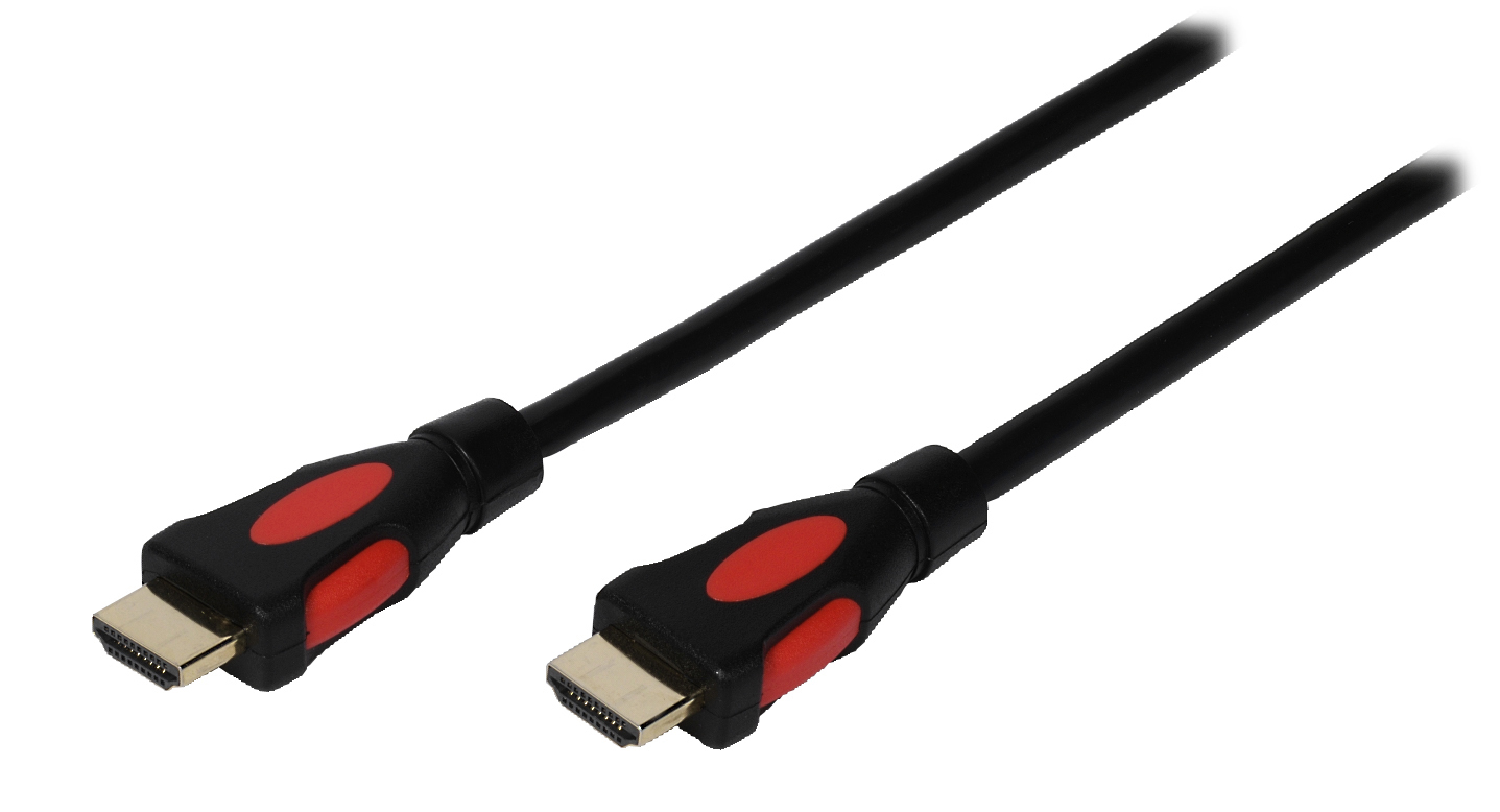 Schwarzes HDMI-Kabel mit roten Akzenten auf den Steckern, abgewinkelt auf weißem Hintergrund.