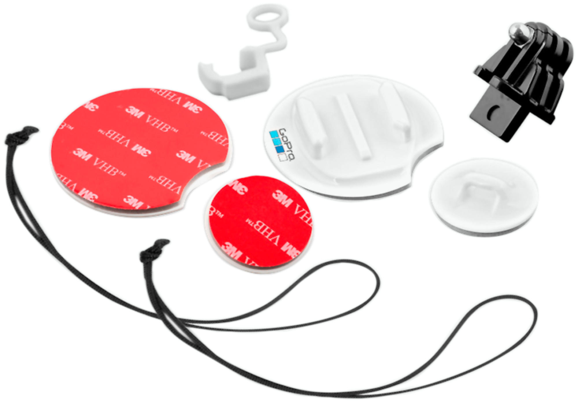 GoPro-Kamera-Zubehör: Klebepads, Schnalle und Sicherheitsleine.