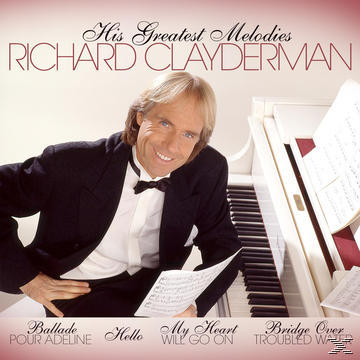 Mann lächelt an weißem Klavier und hält Noten. Der Text lautet 'His Greatest Melodies'.